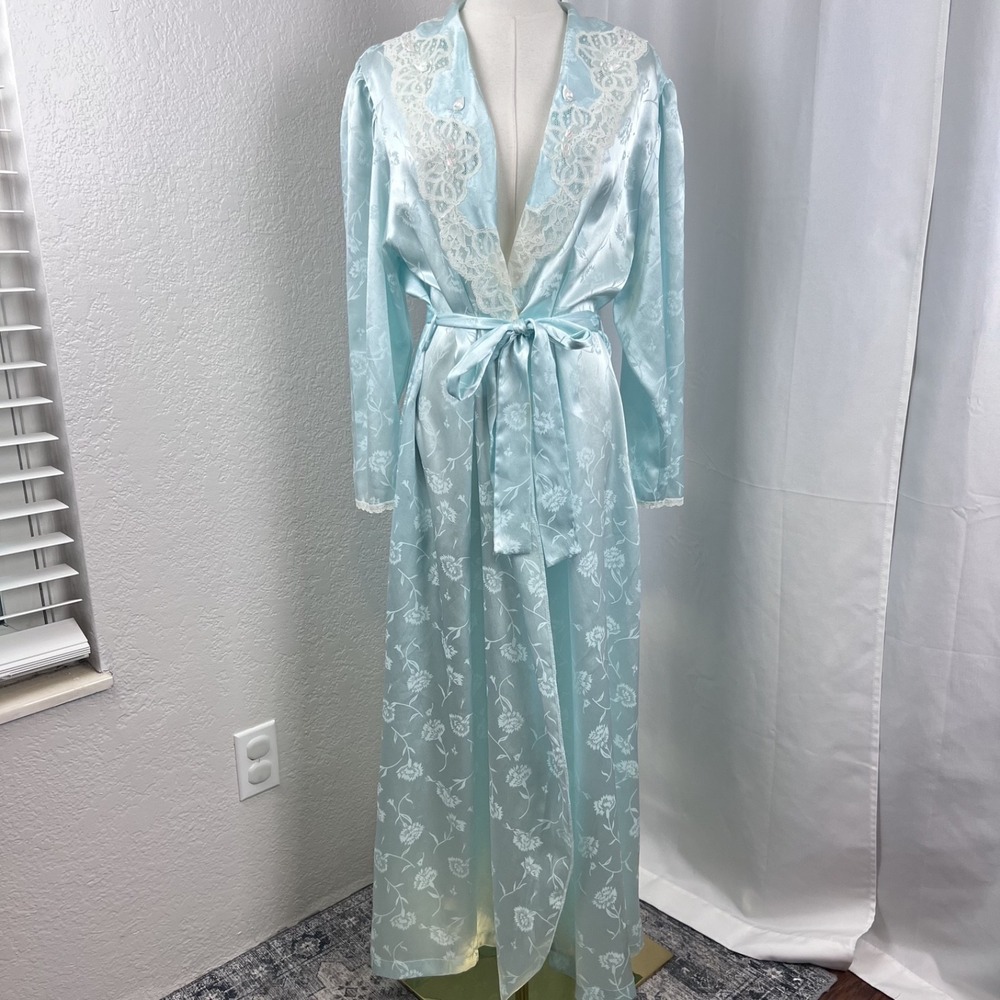 Vintage Eve Stillman Maxi Robe Womens M-L Powder Blue Floral Lace Satin 80s